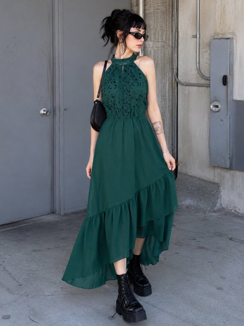 SHEIN Emerald Green Leaf Print High Neck Asymmetrical Hem Dress Small